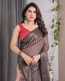 Elegant Beige Handloom Saree with Maroon Leaf Butta & Black Zari Woven Pallu | Festive Drape | 5.5m Saree + 0.8m Blouse