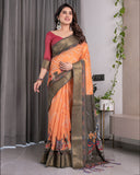 Dual-Tone Mustard & Olive Handloom Saree with Kalamkari-Inspired Bird Motifs & Zari Border | 5.5m Saree + 0.8m Blouse