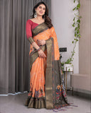 Dual-Tone Mustard & Olive Handloom Saree with Kalamkari-Inspired Bird Motifs & Zari Border | 5.5m Saree + 0.8m Blouse