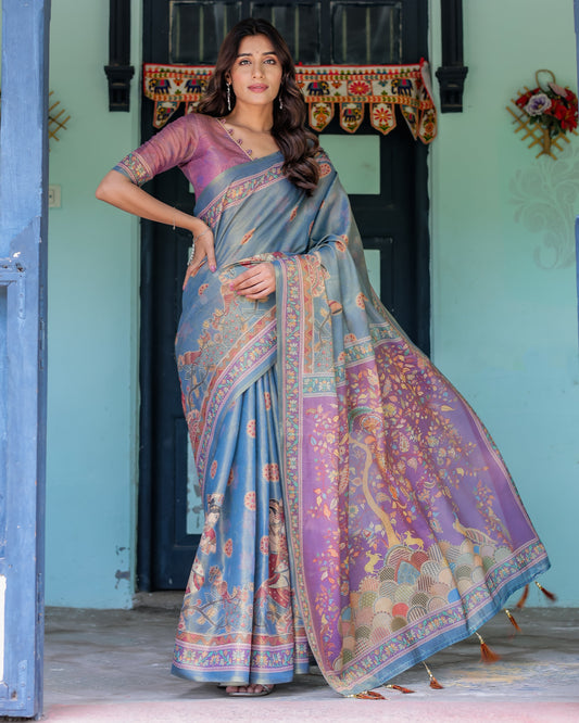 Dusky Blue & Violet Handloom Cotton Saree with Mythical Tree Art & Peacock Detailing