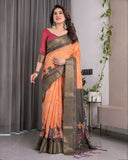 Dual-Tone Mustard & Olive Handloom Saree with Kalamkari-Inspired Bird Motifs & Zari Border | 5.5m Saree + 0.8m Blouse