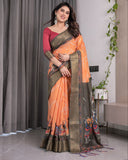 Dual-Tone Mustard & Olive Handloom Saree with Kalamkari-Inspired Bird Motifs & Zari Border | 5.5m Saree + 0.8m Blouse