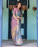 Dusky Blue & Violet Handloom Cotton Saree with Mythical Tree Art & Peacock Detailing