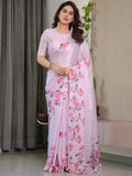 Blush Pink Satin Georgette Floral Printed Saree with Attached Blouse – Soft Cherry Blossom Designer Drape