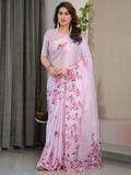 Blush Pink Satin Georgette Floral Printed Saree with Attached Blouse – Soft Cherry Blossom Designer Drape