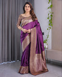 Royal Purple Pure Kanjivaram Silk Saree with Golden Zari Border & Rich Pallu – 5.5m Saree + 0.8m Blouse Piece