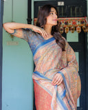 Rust & Blue Handloom Cotton Saree with Classical Dancer Motif and Patchwork Digital Print