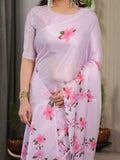 Blush Pink Satin Georgette Floral Printed Saree with Attached Blouse – Soft Cherry Blossom Designer Drape