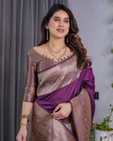 Royal Purple Pure Kanjivaram Silk Saree with Golden Zari Border & Rich Pallu – 5.5m Saree + 0.8m Blouse Piece
