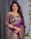 Royal Purple Pure Kanjivaram Silk Saree with Golden Zari Border & Rich Pallu – 5.5m Saree + 0.8m Blouse Piece