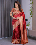 Classic Red Pure Kanjivaram Silk Saree with Rich Golden Zari Weaving & Matching Blouse – 5.5m Saree + 0.8m Blouse Piece