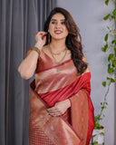 Classic Red Pure Kanjivaram Silk Saree with Rich Golden Zari Weaving & Matching Blouse – 5.5m Saree + 0.8m Blouse Piece