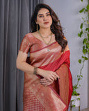 Classic Red Pure Kanjivaram Silk Saree with Rich Golden Zari Weaving & Matching Blouse – 5.5m Saree + 0.8m Blouse Piece