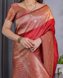 Classic Red Pure Kanjivaram Silk Saree with Rich Golden Zari Weaving & Matching Blouse – 5.5m Saree + 0.8m Blouse Piece