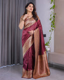 Maroon Pure Kanjivaram Silk Saree with Intricate Golden Zari Weaving & Contrast Blouse – 5.5m Saree + 0.8m Blouse