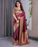 Maroon Pure Kanjivaram Silk Saree with Intricate Golden Zari Weaving & Contrast Blouse – 5.5m Saree + 0.8m Blouse