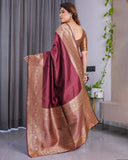 Maroon Pure Kanjivaram Silk Saree with Intricate Golden Zari Weaving & Contrast Blouse – 5.5m Saree + 0.8m Blouse