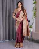 Maroon Pure Kanjivaram Silk Saree with Intricate Golden Zari Weaving & Contrast Blouse – 5.5m Saree + 0.8m Blouse