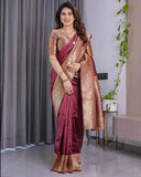 Maroon Pure Kanjivaram Silk Saree with Intricate Golden Zari Weaving & Contrast Blouse – 5.5m Saree + 0.8m Blouse