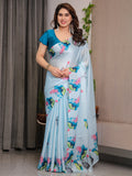 Sky Blue Satin Georgette Lotus & Crane Printed Saree with Attached Blouse – Serene Nature-Inspired Designer Drape