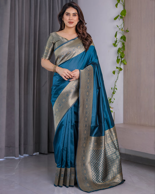 Teal Blue Pure Kanjivaram Silk Saree with Antique Golden Zari Border & Blouse – 5.5m Saree + 0.8m Blouse Piece