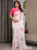 Ivory White Satin Georgette Floral Printed Saree with Pink Blouse – Soft Blossom Designer Drape