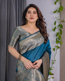 Teal Blue Pure Kanjivaram Silk Saree with Antique Golden Zari Border & Blouse – 5.5m Saree + 0.8m Blouse Piece