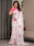 Ivory White Satin Georgette Floral Printed Saree with Pink Blouse – Soft Blossom Designer Drape