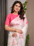 Ivory White Satin Georgette Floral Printed Saree with Pink Blouse – Soft Blossom Designer Drape