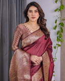 Wine Maroon Pure Kanjivaram Silk Saree with Grand Floral Zari Border & Pallu – 5.5m Saree + 0.8m Blouse Piece