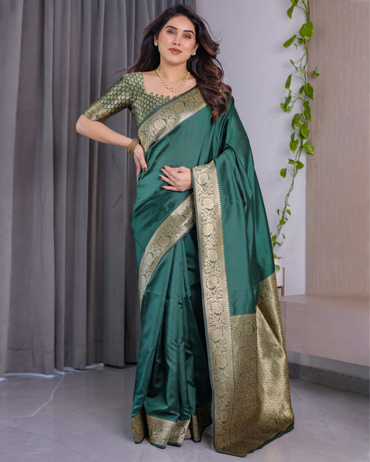 Deep Bottle Green Pure Kanjivaram Silk Saree with Floral Golden Zari Border & Blouse – 5.5m Saree + 0.8m Blouse Piece