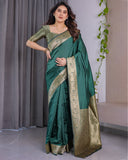 Deep Bottle Green Pure Kanjivaram Silk Saree with Floral Golden Zari Border & Blouse – 5.5m Saree + 0.8m Blouse Piece