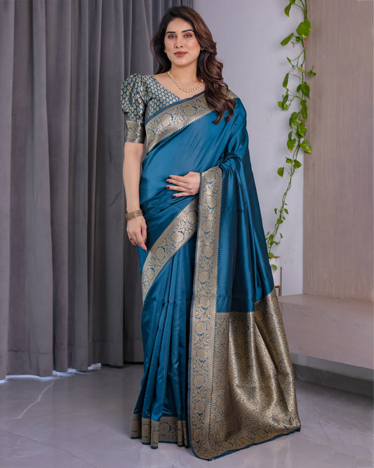 Teal Blue Pure Kanjivaram Silk Saree with Rich Floral Golden Zari Border & Blouse – 5.5m Saree + 0.8m Blouse Piece