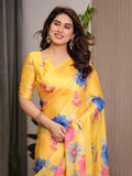 Mustard Yellow Satin Georgette Floral Printed Saree with Attached Blouse – Vibrant Garden Bloom Designer Drape