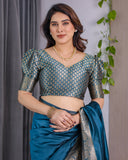 Teal Blue Pure Kanjivaram Silk Saree with Rich Floral Golden Zari Border & Blouse – 5.5m Saree + 0.8m Blouse Piece