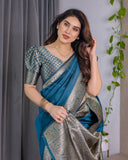 Teal Blue Pure Kanjivaram Silk Saree with Rich Floral Golden Zari Border & Blouse – 5.5m Saree + 0.8m Blouse Piece