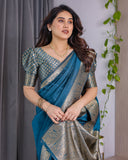 Teal Blue Pure Kanjivaram Silk Saree with Rich Floral Golden Zari Border & Blouse – 5.5m Saree + 0.8m Blouse Piece