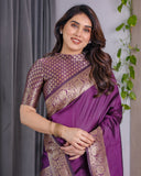 Violet Pure Kanjivaram Silk Saree with Ornate Golden Floral Zari Border & Blouse – 5.5m Saree + 0.8m Blouse Piece