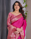 Hot Pink Pure Kanjivaram Silk Saree with Elegant Floral Zari Border & Designer Blouse – 5.5m Saree + 0.8m Blouse Piece