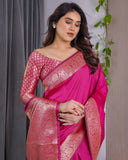 Hot Pink Pure Kanjivaram Silk Saree with Elegant Floral Zari Border & Designer Blouse – 5.5m Saree + 0.8m Blouse Piece