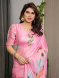 Blush Pink Satin Georgette Floral Printed Saree with Attached Blouse – Soft Pastel Bloom Designer Drape