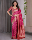 Rani Pink Pure Kanjivaram Silk Saree with Gold Leaf Buttas & Rich Floral Zari Border – 5.5m Saree + 0.8m Blouse Piece