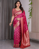 Rani Pink Pure Kanjivaram Silk Saree with Gold Leaf Buttas & Rich Floral Zari Border – 5.5m Saree + 0.8m Blouse Piece