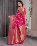 Rani Pink Pure Kanjivaram Silk Saree with Gold Leaf Buttas & Rich Floral Zari Border – 5.5m Saree + 0.8m Blouse Piece