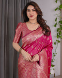 Rani Pink Pure Kanjivaram Silk Saree with Gold Leaf Buttas & Rich Floral Zari Border – 5.5m Saree + 0.8m Blouse Piece