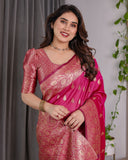 Rani Pink Pure Kanjivaram Silk Saree with Gold Leaf Buttas & Rich Floral Zari Border – 5.5m Saree + 0.8m Blouse Piece