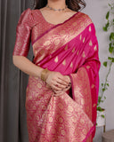 Rani Pink Pure Kanjivaram Silk Saree with Gold Leaf Buttas & Rich Floral Zari Border – 5.5m Saree + 0.8m Blouse Piece
