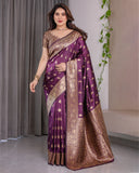 Royal Violet Pure Kanjivaram Silk Saree with Golden Zari Buttas & Rich Floral Border | 5.5m Saree + 0.8m Blouse Piece