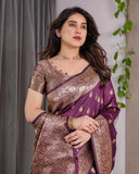 Royal Violet Pure Kanjivaram Silk Saree with Golden Zari Buttas & Rich Floral Border | 5.5m Saree + 0.8m Blouse Piece