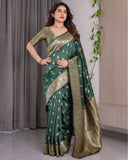 Dark Green Pure Kanjivaram Silk Saree with Golden Leaf Motifs & Floral Zari Border – 5.5m Saree + 0.8m Blouse Piece